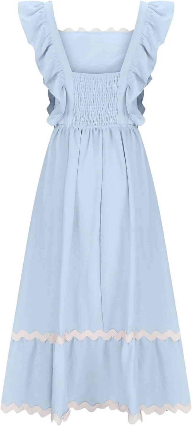 Women's Summer Sleeveless Ruffle Dresses Square Neck Backless Boho Flowy Maxi Sundress Tiered Flowy Dress with Pockets