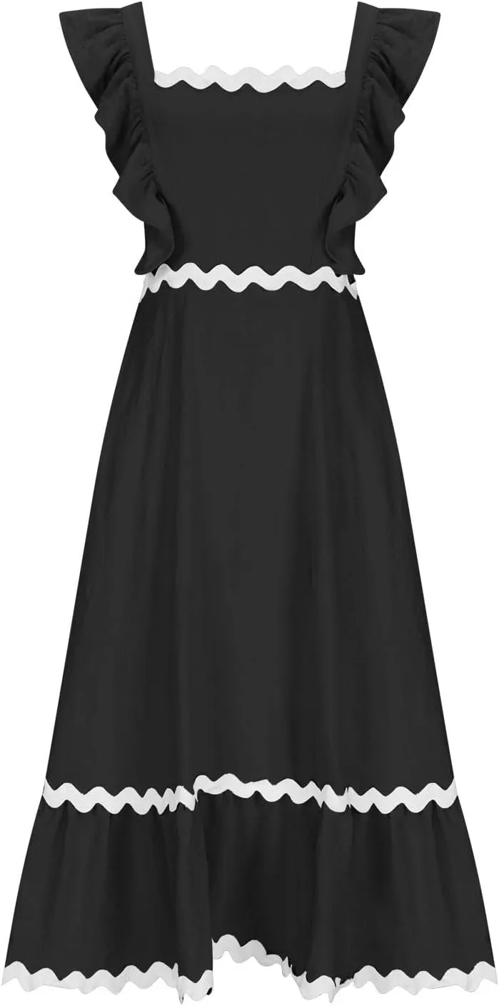 Women's Summer Sleeveless Ruffle Dresses Square Neck Backless Boho Flowy Maxi Sundress Tiered Flowy Dress with Pockets