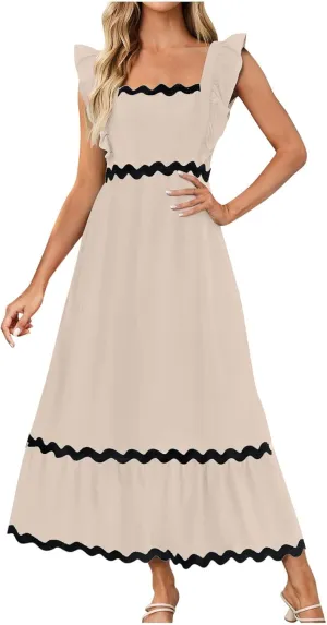 Women's Summer Sleeveless Ruffle Dresses Square Neck Backless Boho Flowy Maxi Sundress Tiered Flowy Dress with Pockets