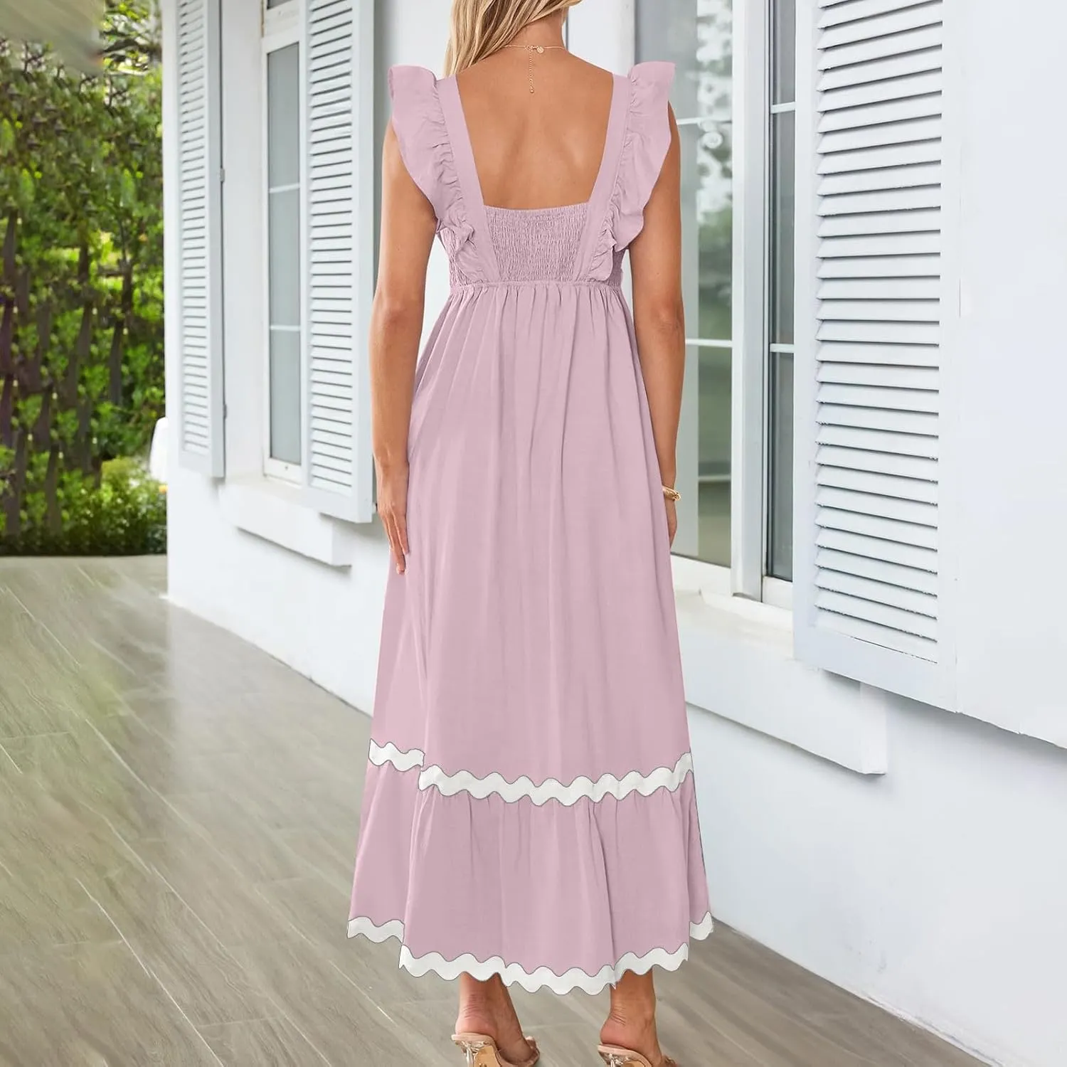 Women's Summer Sleeveless Ruffle Dresses Square Neck Backless Boho Flowy Maxi Sundress Tiered Flowy Dress with Pockets
