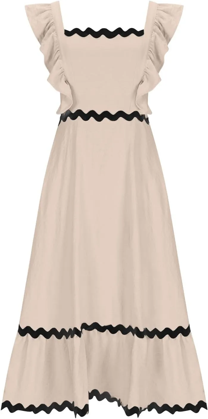 Women's Summer Sleeveless Ruffle Dresses Square Neck Backless Boho Flowy Maxi Sundress Tiered Flowy Dress with Pockets