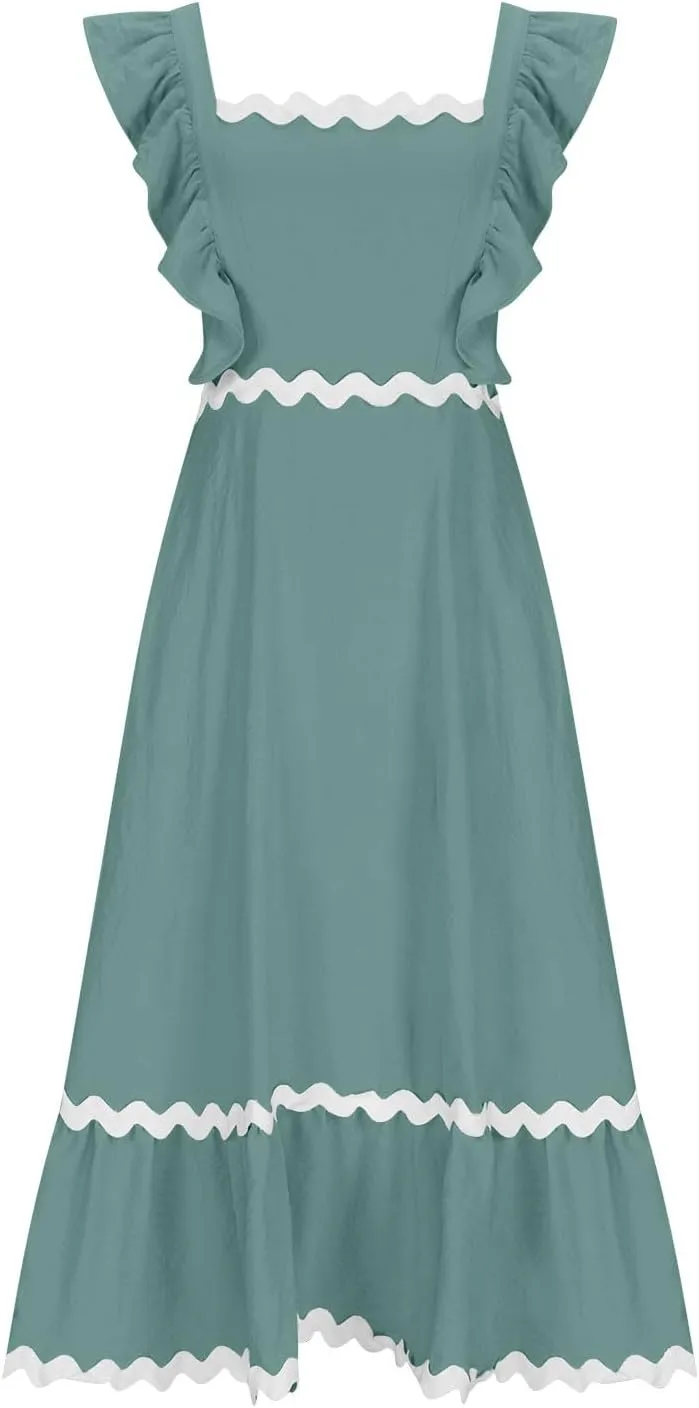 Women's Summer Sleeveless Ruffle Dresses Square Neck Backless Boho Flowy Maxi Sundress Tiered Flowy Dress with Pockets