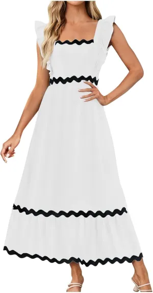 Women's Summer Sleeveless Ruffle Dresses Square Neck Backless Boho Flowy Maxi Sundress Tiered Flowy Dress with Pockets