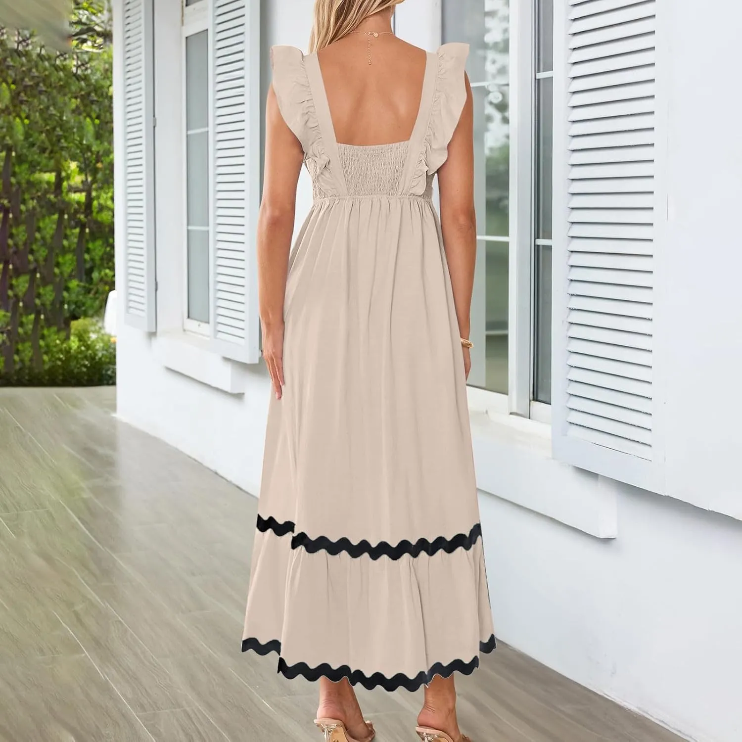 Women's Summer Sleeveless Ruffle Dresses Square Neck Backless Boho Flowy Maxi Sundress Tiered Flowy Dress with Pockets