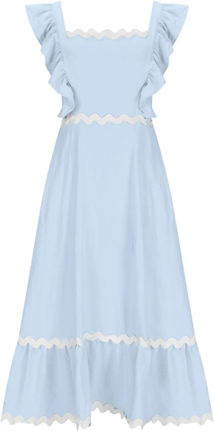 Women's Summer Sleeveless Ruffle Dresses Square Neck Backless Boho Flowy Maxi Sundress Tiered Flowy Dress with Pockets