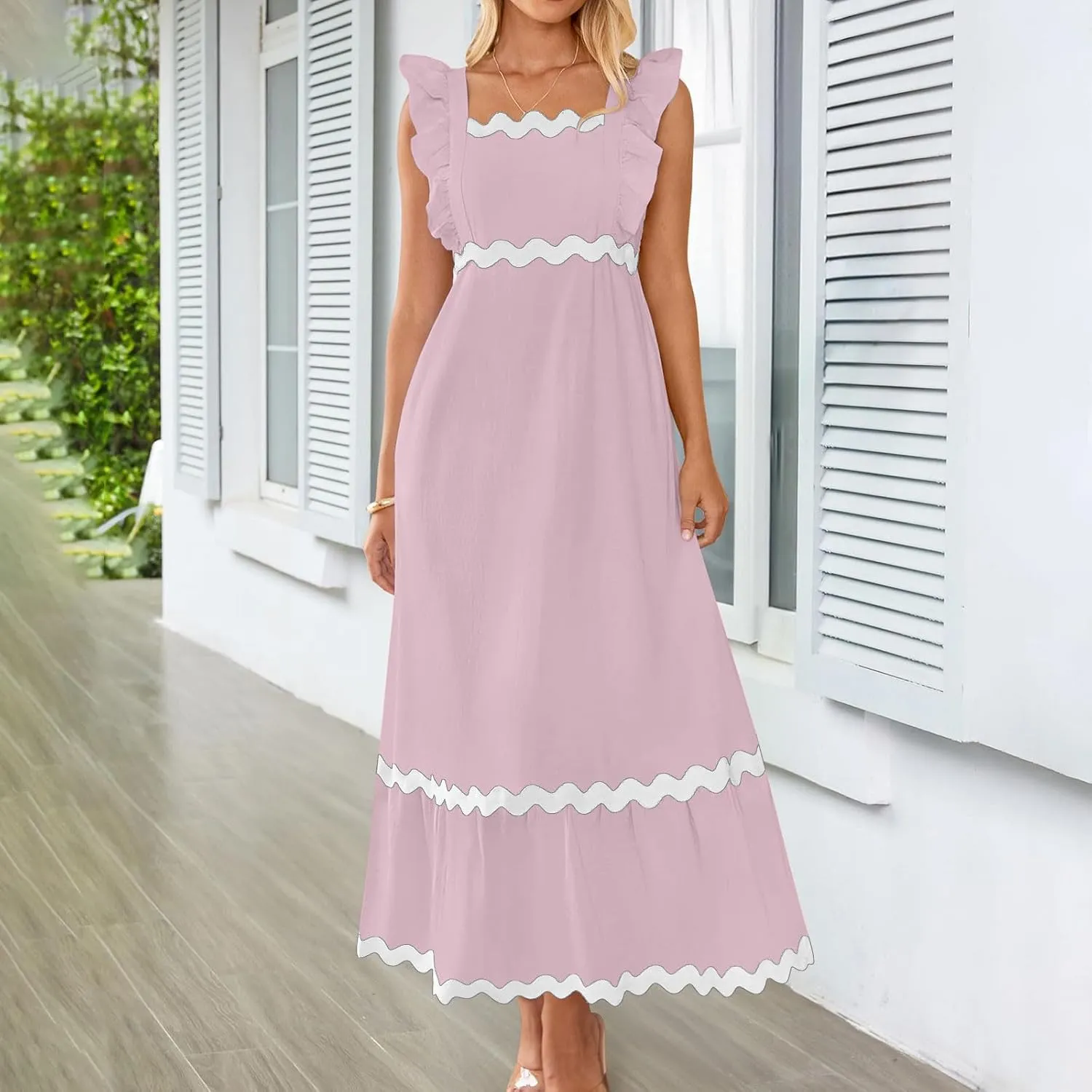 Women's Summer Sleeveless Ruffle Dresses Square Neck Backless Boho Flowy Maxi Sundress Tiered Flowy Dress with Pockets