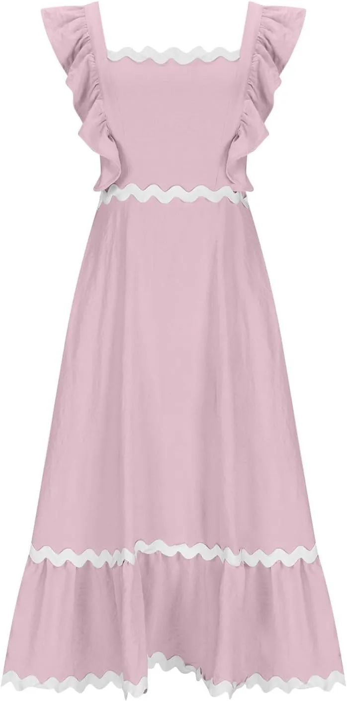 Women's Summer Sleeveless Ruffle Dresses Square Neck Backless Boho Flowy Maxi Sundress Tiered Flowy Dress with Pockets