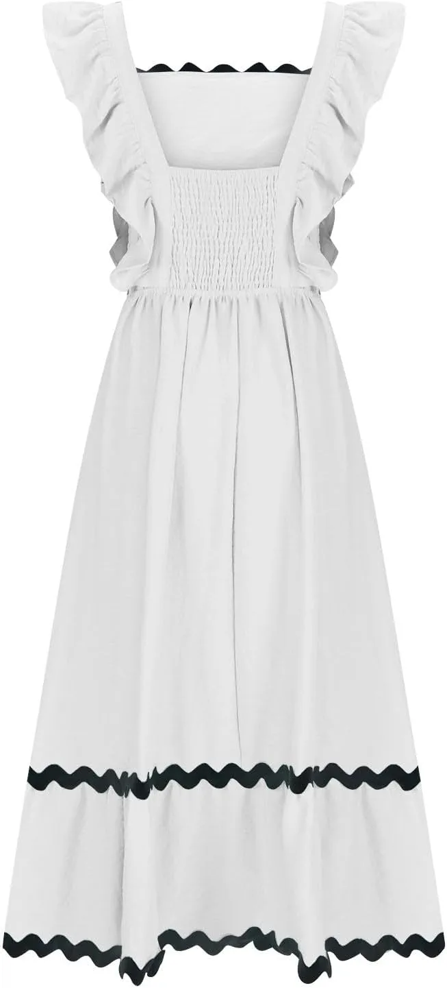 Women's Summer Sleeveless Ruffle Dresses Square Neck Backless Boho Flowy Maxi Sundress Tiered Flowy Dress with Pockets