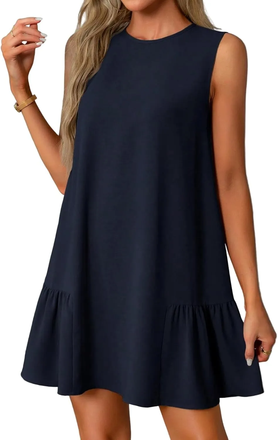 Women's Sundresses 2025 Summer Sleeveless Round Neck Solid Color Ruffle Beach Vacation Mini Dresses, S-2XL
