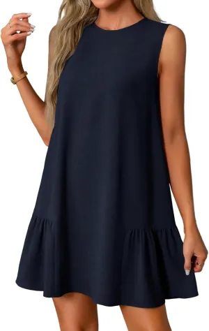 Women's Sundresses 2025 Summer Sleeveless Round Neck Solid Color Ruffle Beach Vacation Mini Dresses, S-2XL