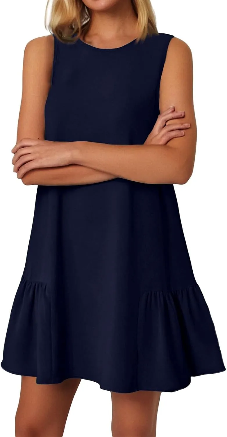 Women's Sundresses 2025 Summer Sleeveless Round Neck Solid Color Ruffle Beach Vacation Mini Dresses, S-2XL