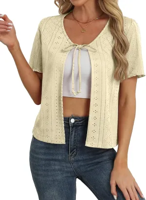 Womens Tie Front Cardigan Lightweight Short Sleeve Cardigans for Women Trendy
