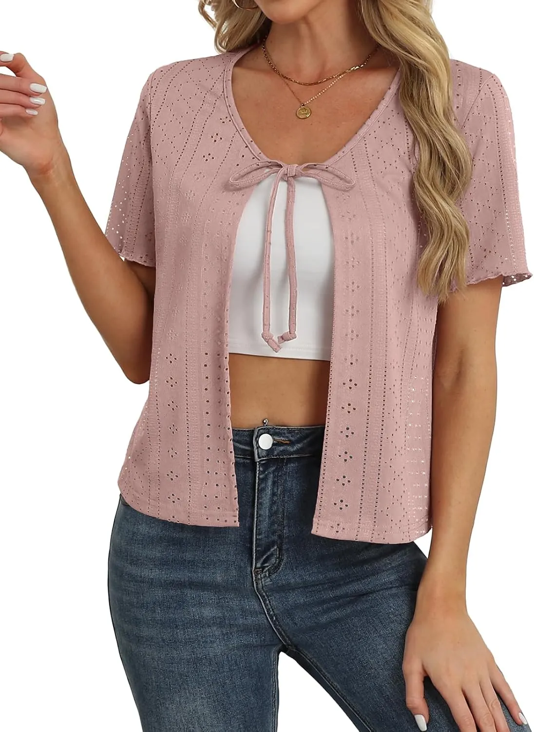 Womens Tie Front Cardigan Lightweight Short Sleeve Cardigans for Women Trendy