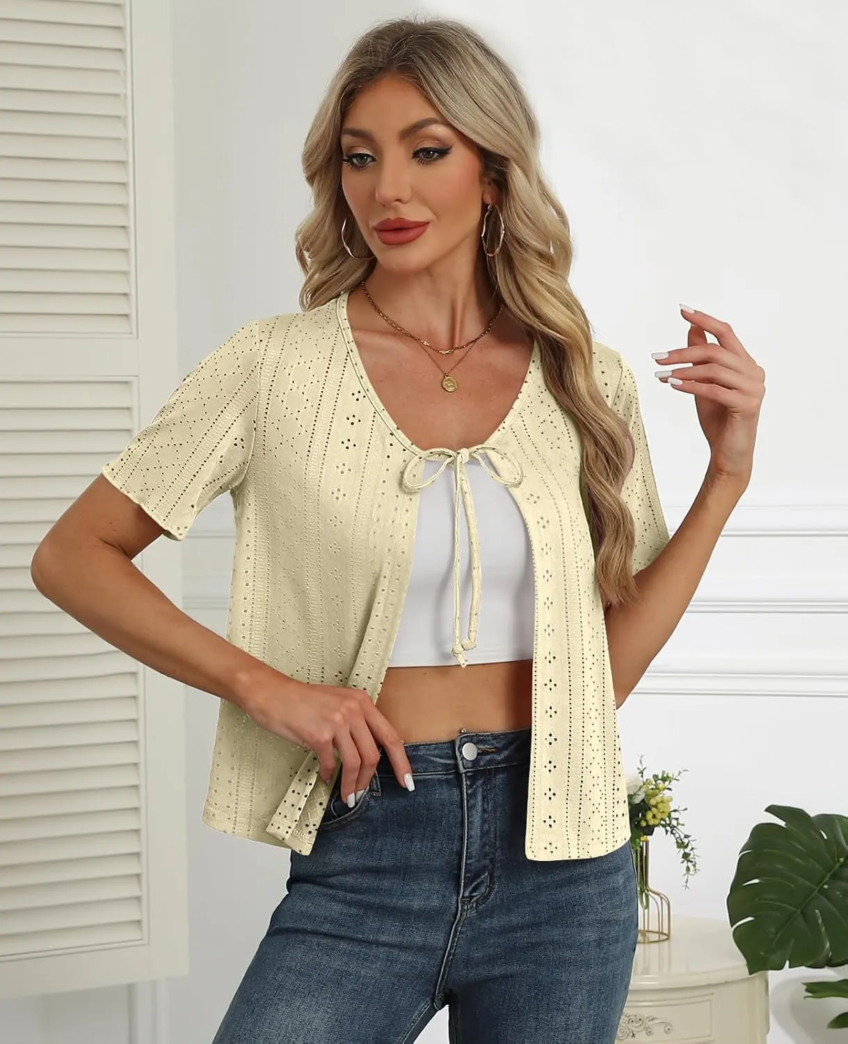 Womens Tie Front Cardigan Lightweight Short Sleeve Cardigans for Women Trendy