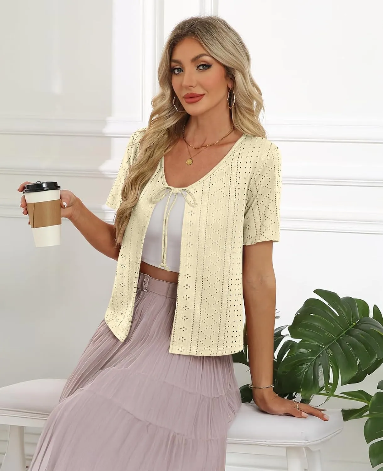 Womens Tie Front Cardigan Lightweight Short Sleeve Cardigans for Women Trendy