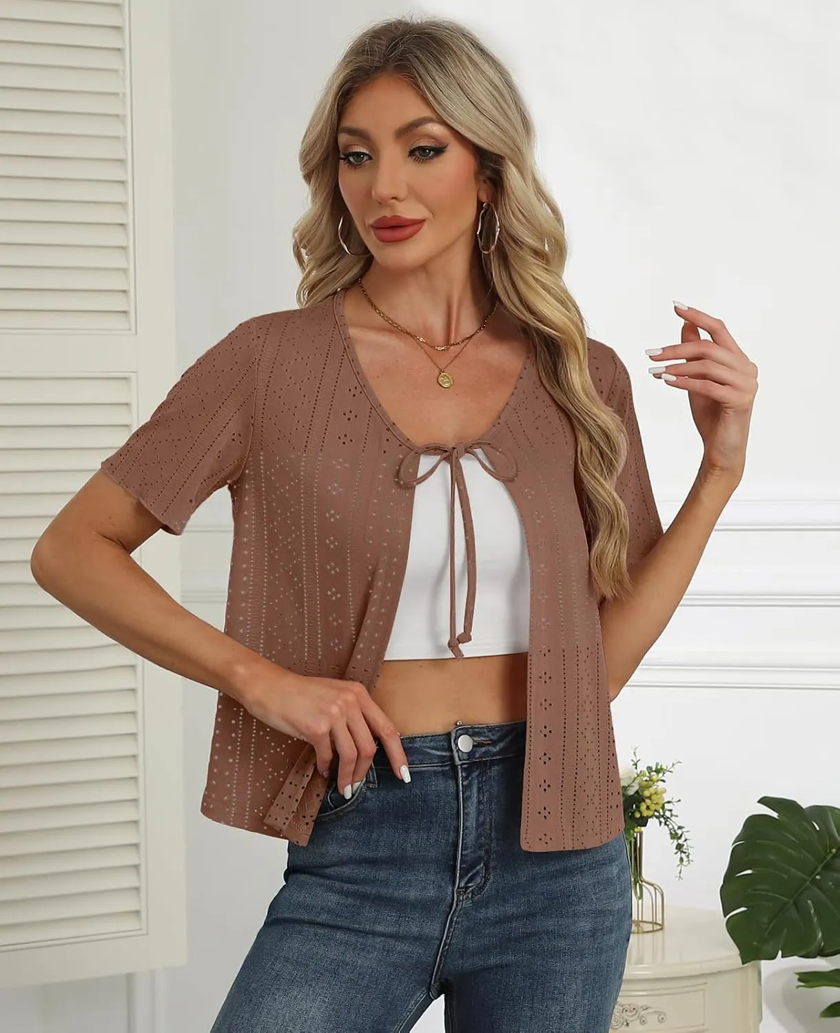 Womens Tie Front Cardigan Lightweight Short Sleeve Cardigans for Women Trendy