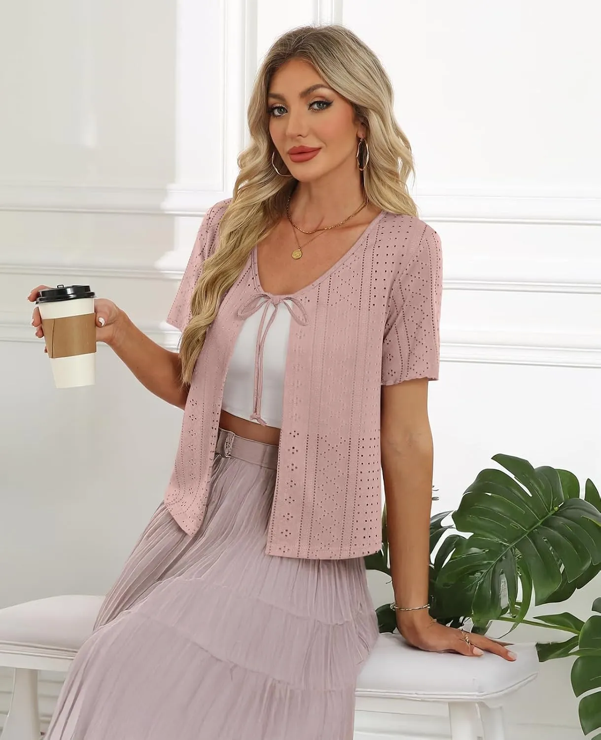 Womens Tie Front Cardigan Lightweight Short Sleeve Cardigans for Women Trendy