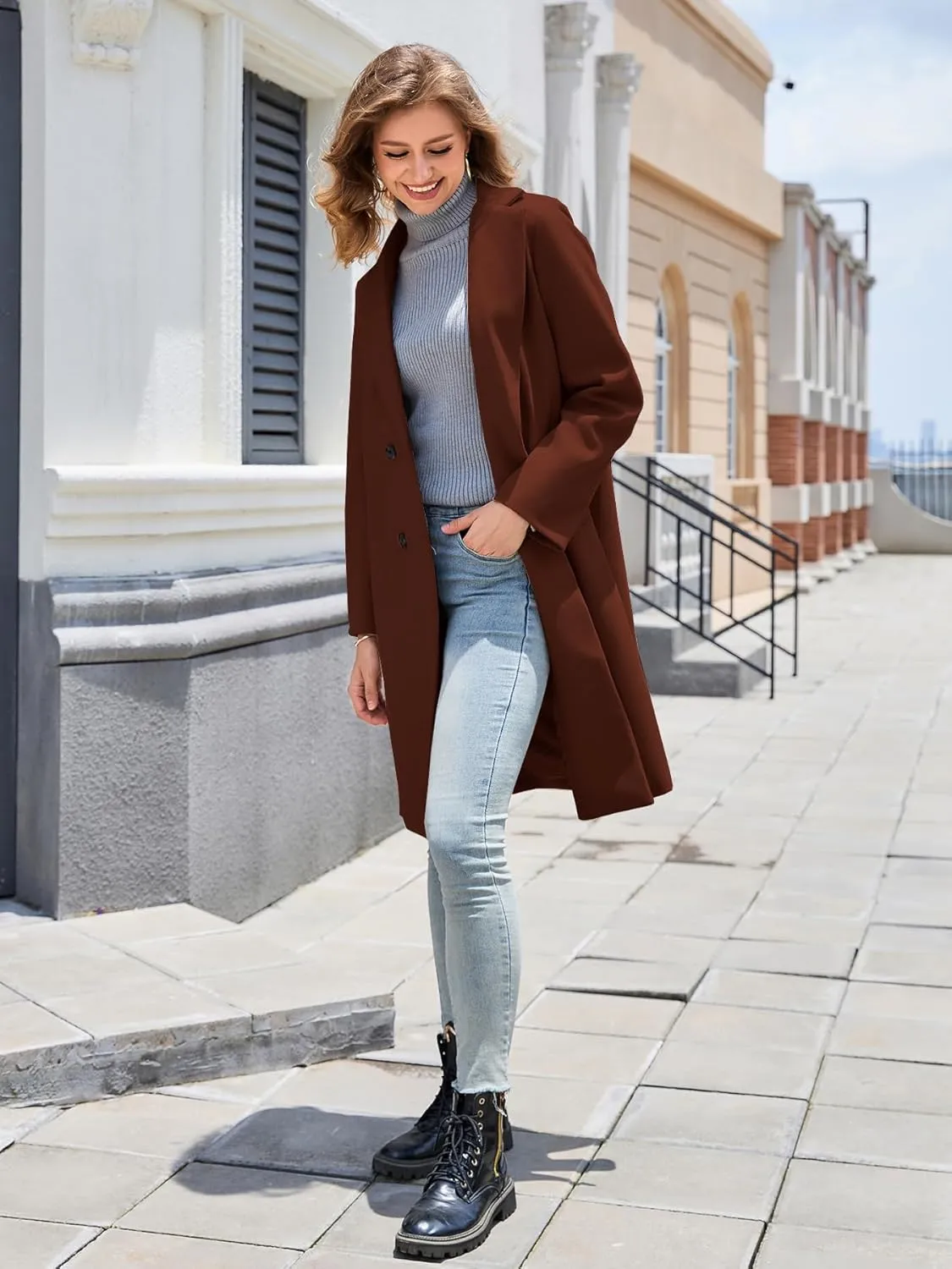 Women's Winter Pea Coat Notch Laple Double Breasted Casual Wool Blend Trench Coats