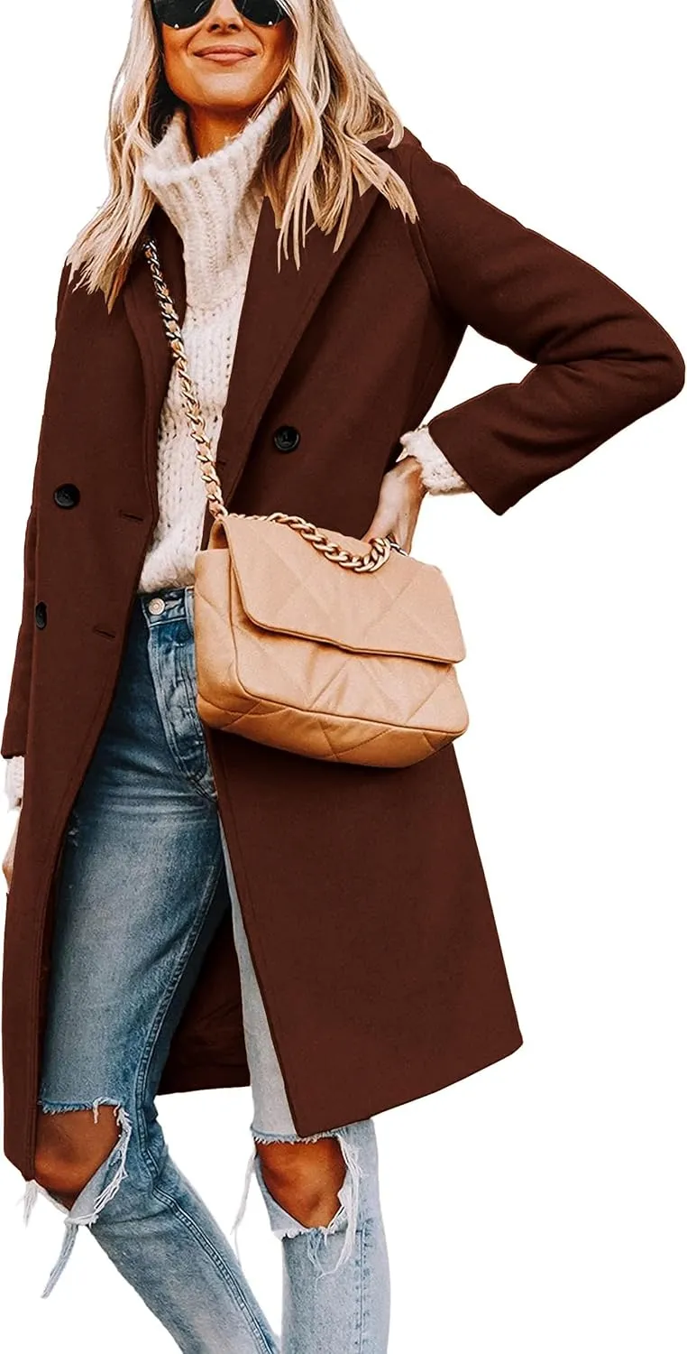 Women's Winter Pea Coat Notch Laple Double Breasted Casual Wool Blend Trench Coats