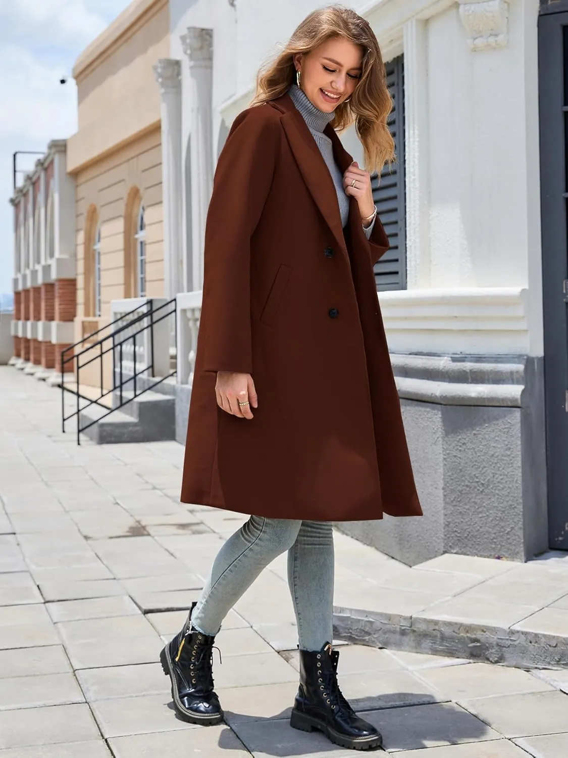 Women's Winter Pea Coat Notch Laple Double Breasted Casual Wool Blend Trench Coats