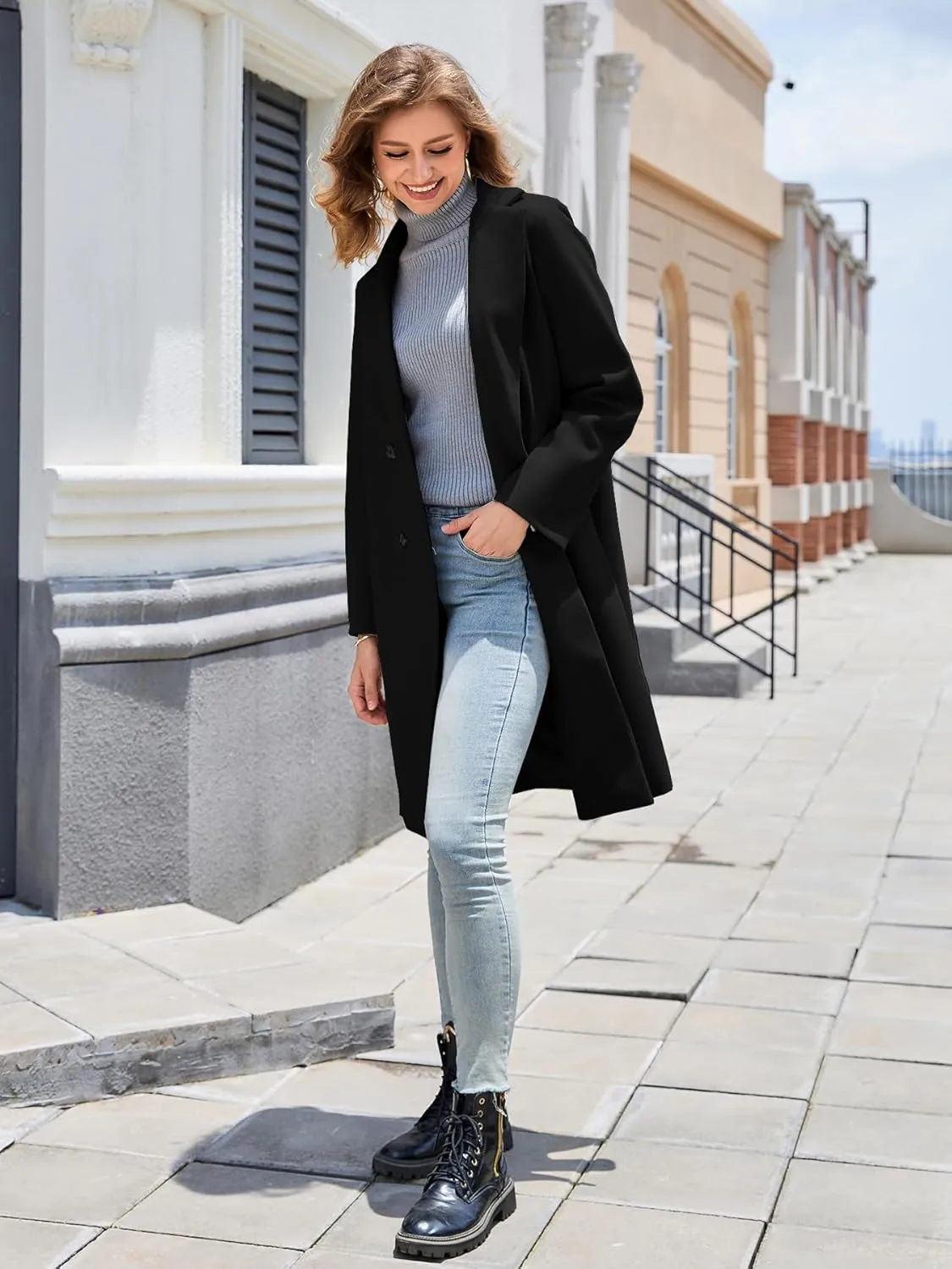 Women's Winter Pea Coat Notch Laple Double Breasted Casual Wool Blend Trench Coats