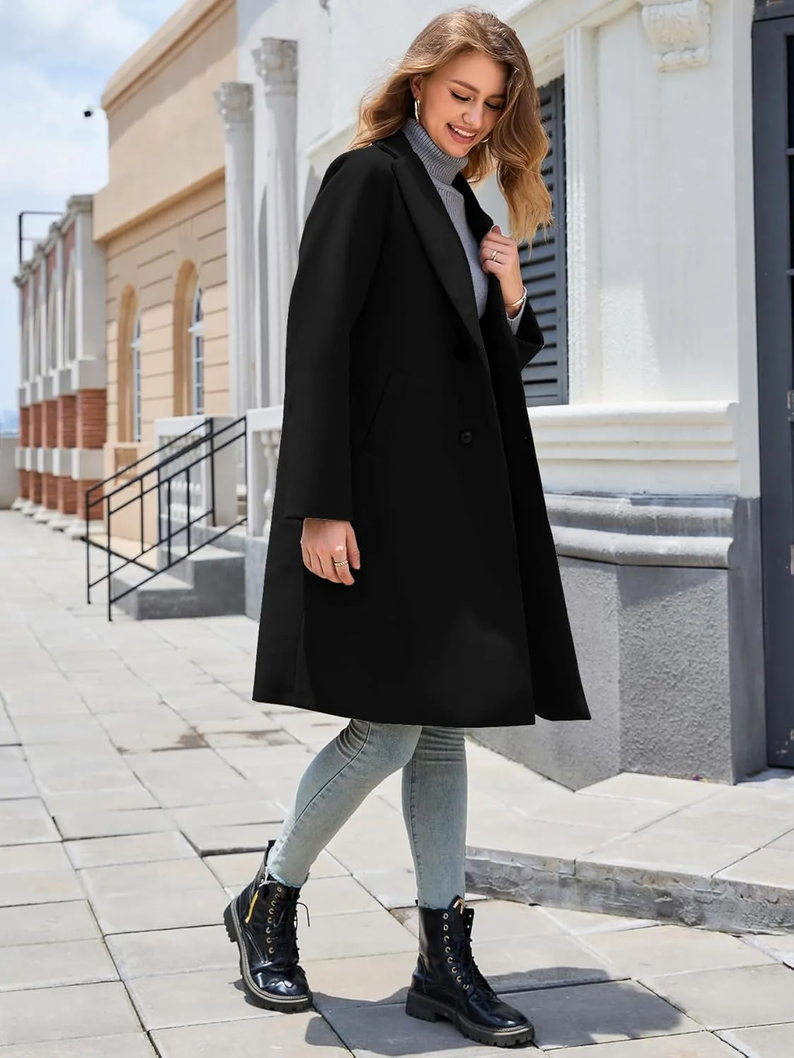 Women's Winter Pea Coat Notch Laple Double Breasted Casual Wool Blend Trench Coats