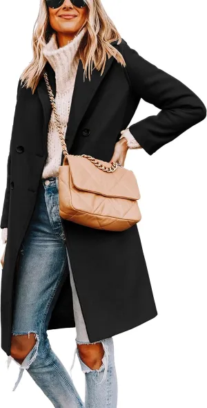 Women's Winter Pea Coat Notch Laple Double Breasted Casual Wool Blend Trench Coats