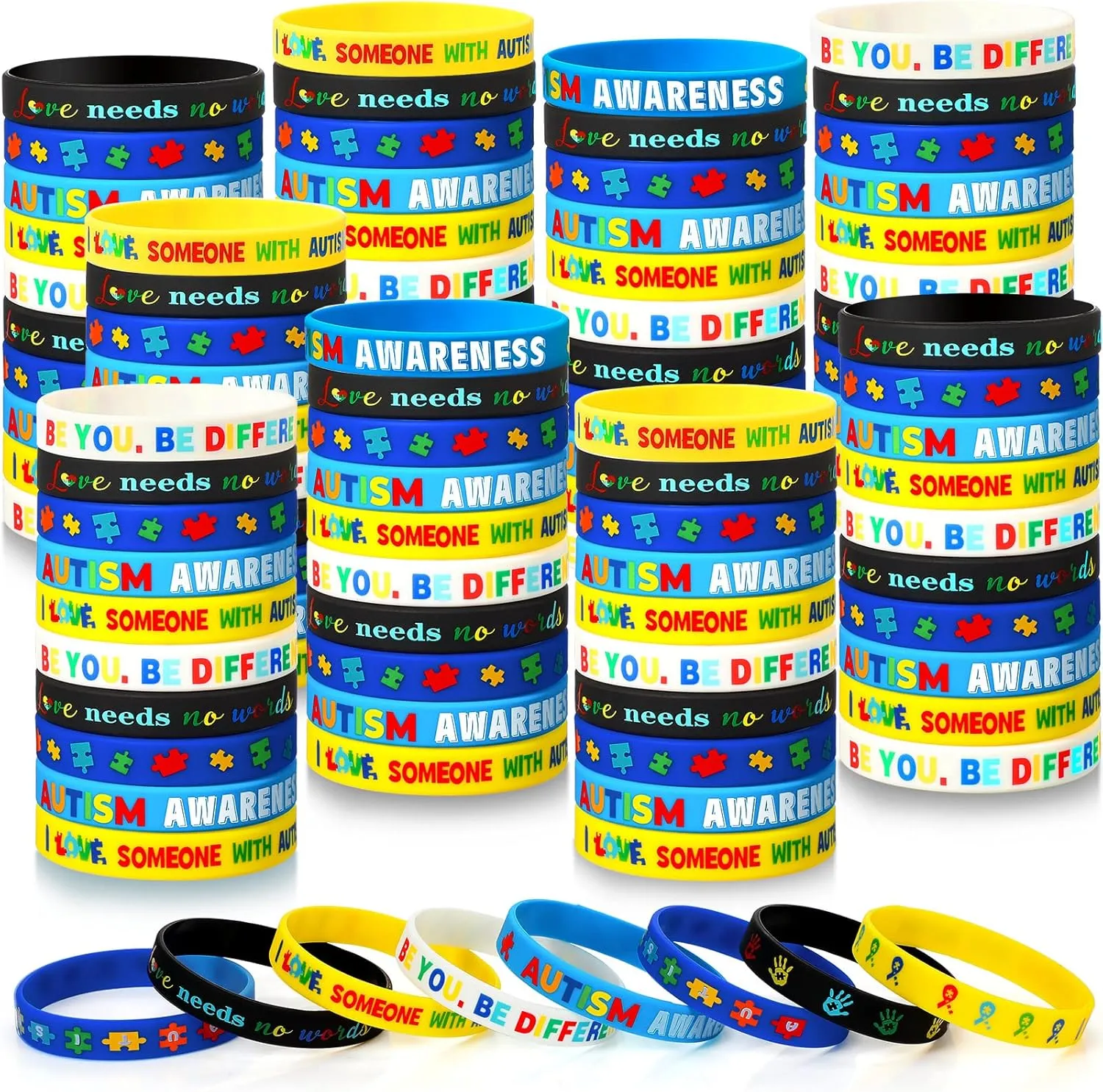 Yinkin 200 Pcs Autism Awareness Bracelets Inspirational Autism Wristbands Motivational Colorful Silicone Bracelets for Kids Adult Man Woman Gifts