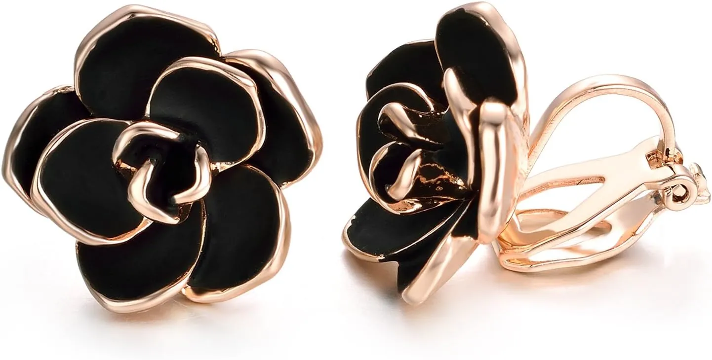 Yoursfs Rose Flower Clip on Earrings for Women 18K Gold Plated Dainty Non Pierced Ears Jewelry Gifts for Valentine's Day
