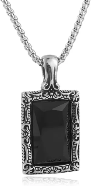 YWMAN Gothic Black Onyx Square Necklace, Rectangle Black Stone Pendant Necklace with Ornate Silver Frame, Goth Jewelry Gift for Men Women