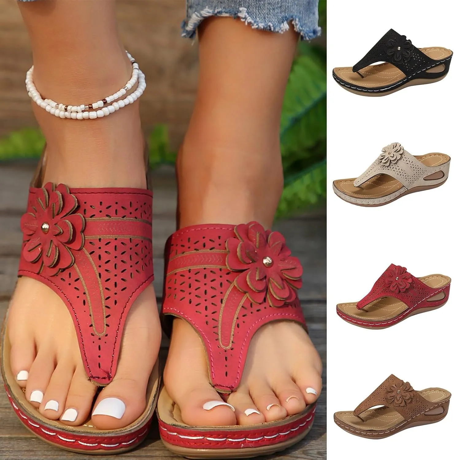 ZSpzx Orthopedic Sandals for Women,2025 Arch Support Wedge Flip Flops Slide Dressy Summer Casual Slip On Thick Sole Beach Flowers Comfortable Outdoor Walking Plantar Fasciitis Shoes