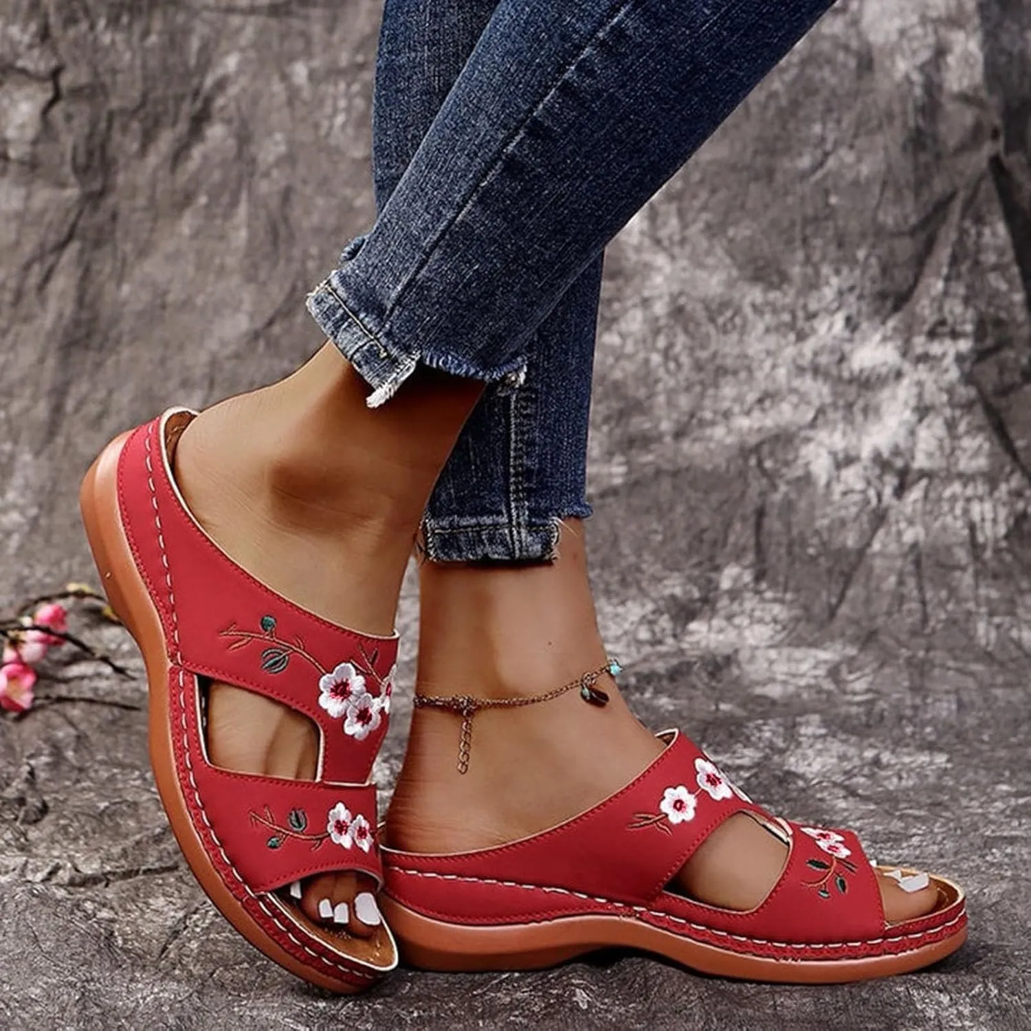 ZSpzx Women's Slide Sandals,Orthopedic Sandals for Women 2025 Slippers Embroidery Flower Comfortable Outdoor Walking Shoes Casual Boho Slip on Memory Foam Beach Plantar Fasciitis Sandals