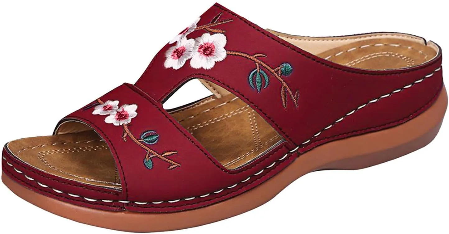 ZSpzx Women's Slide Sandals,Orthopedic Sandals for Women 2025 Slippers Embroidery Flower Comfortable Outdoor Walking Shoes Casual Boho Slip on Memory Foam Beach Plantar Fasciitis Sandals