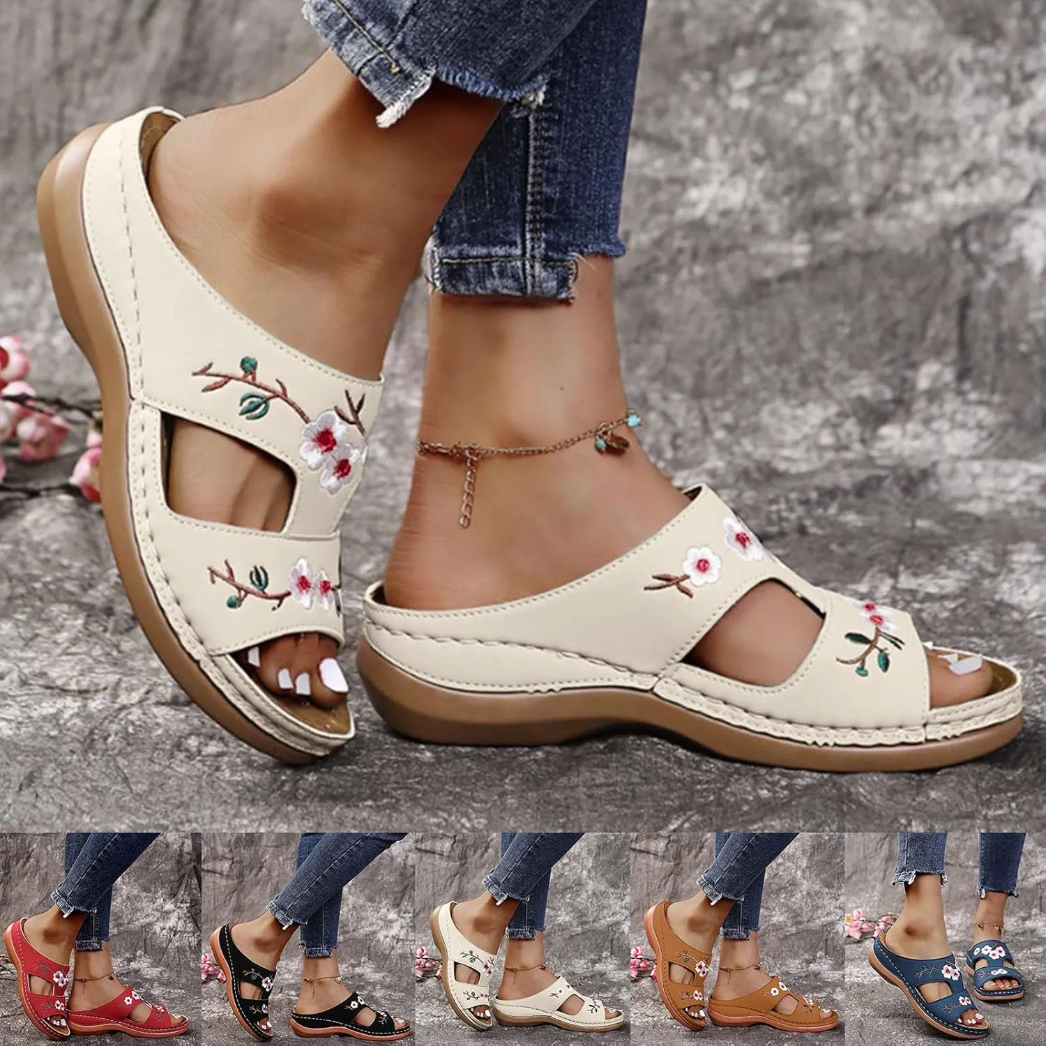 ZSpzx Women's Slide Sandals,Orthopedic Sandals for Women 2025 Slippers Embroidery Flower Comfortable Outdoor Walking Shoes Casual Boho Slip on Memory Foam Beach Plantar Fasciitis Sandals