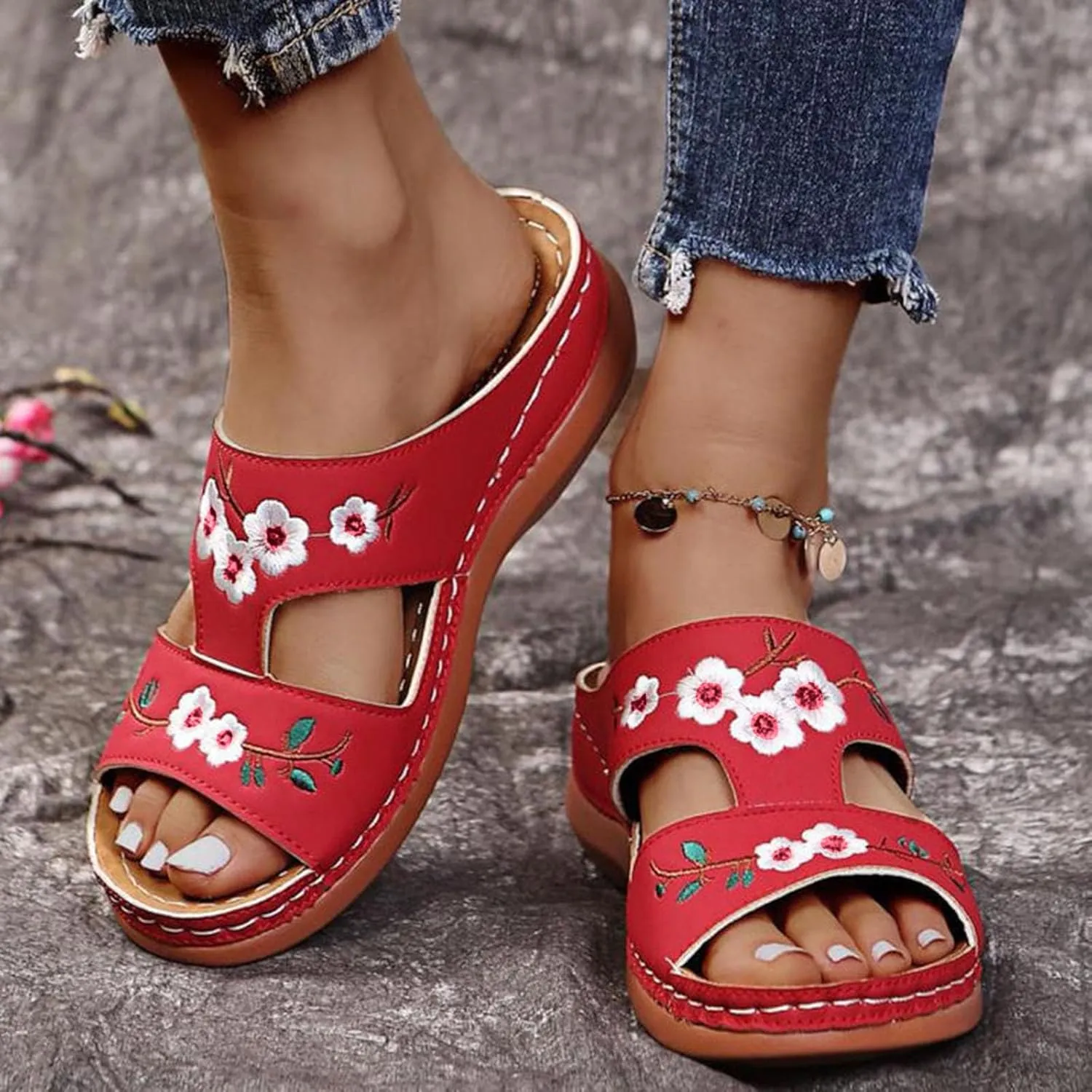 ZSpzx Women's Slide Sandals,Orthopedic Sandals for Women 2025 Slippers Embroidery Flower Comfortable Outdoor Walking Shoes Casual Boho Slip on Memory Foam Beach Plantar Fasciitis Sandals