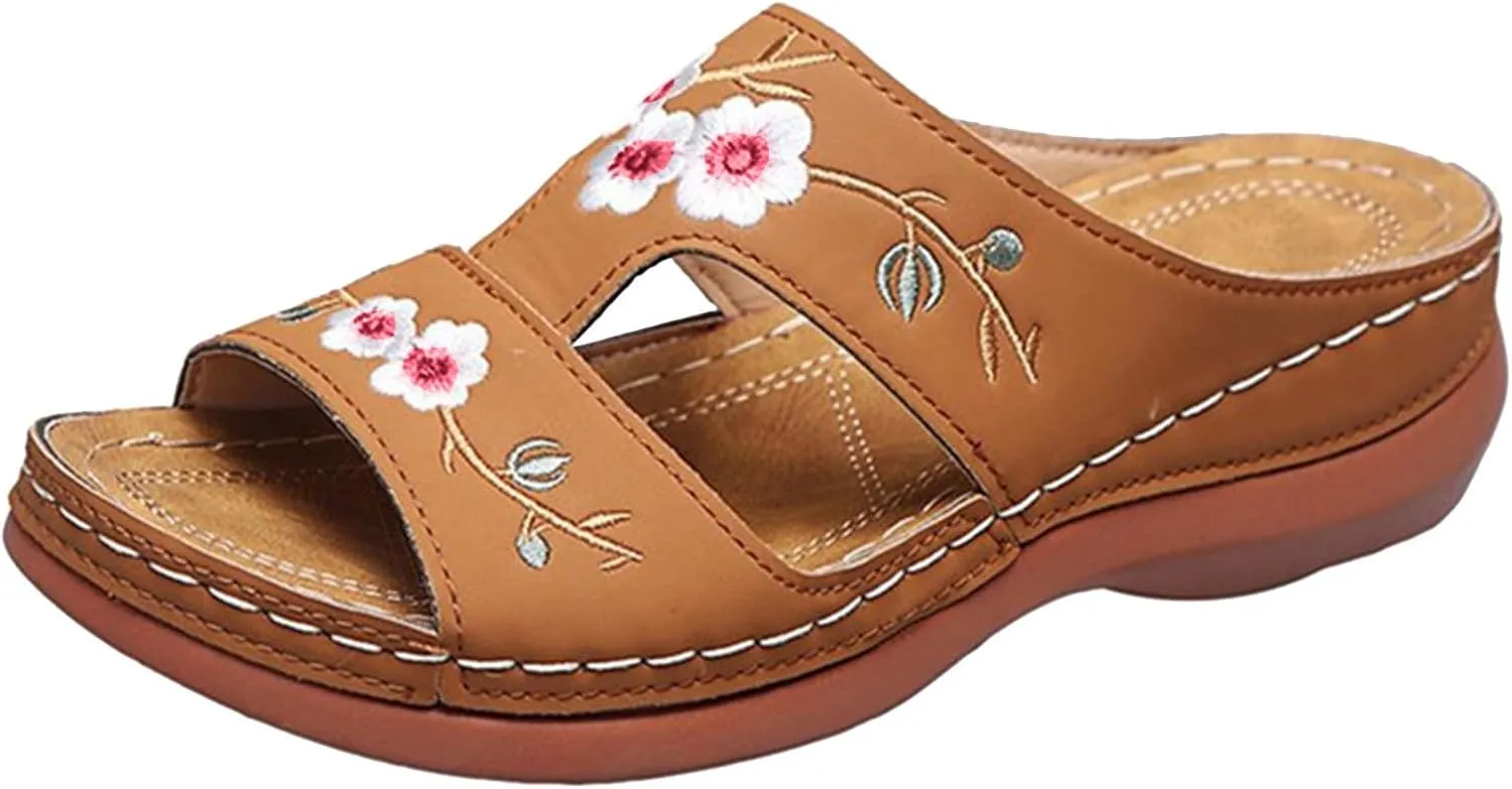 ZSpzx Women's Slide Sandals,Orthopedic Sandals for Women 2025 Slippers Embroidery Flower Comfortable Outdoor Walking Shoes Casual Boho Slip on Memory Foam Beach Plantar Fasciitis Sandals