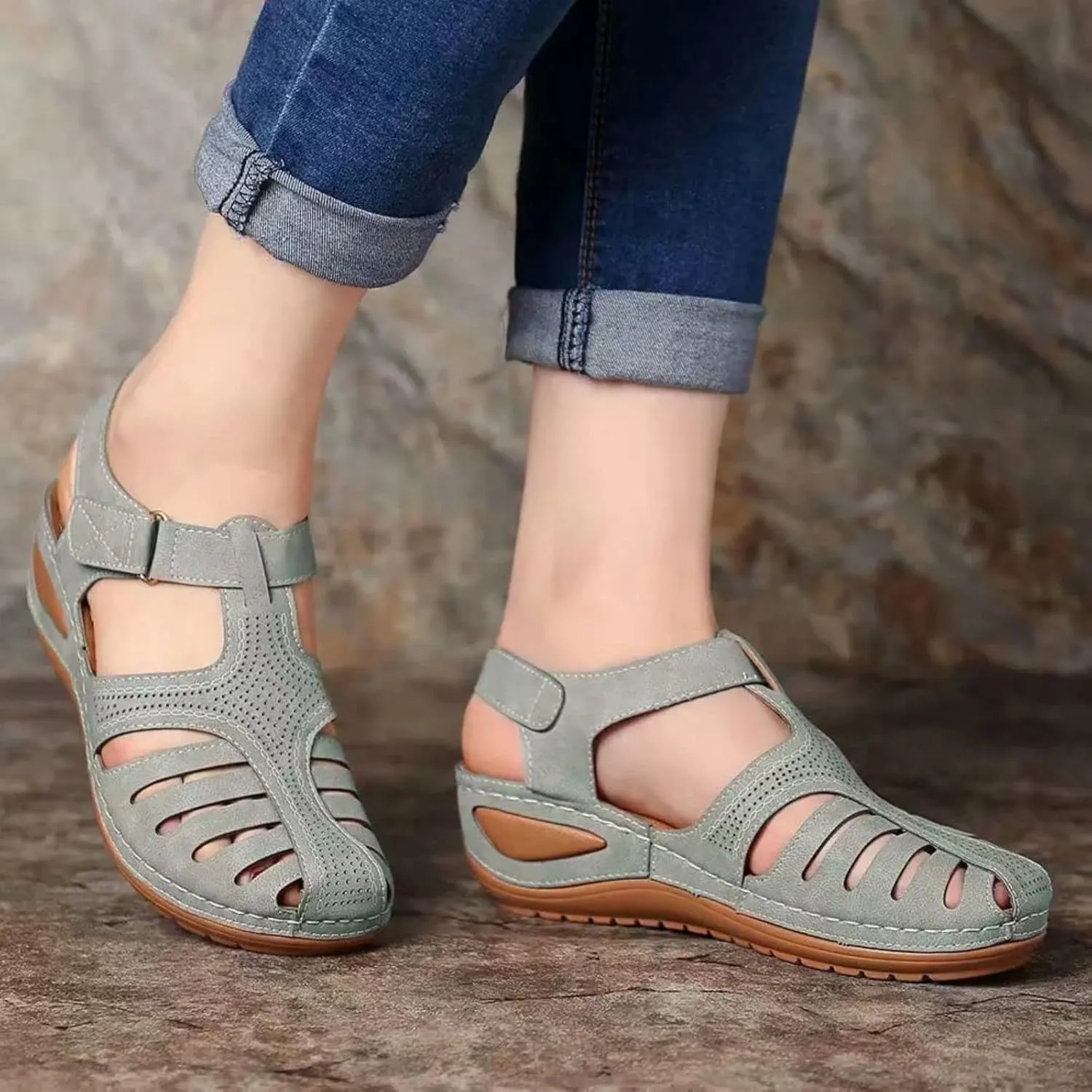 ZWRXW Closed Toe Sandals Women with Arch Support Adjustable Ankle Strap Non-Slip Sandals Dressy Summer Hollow Out Wedge Sandal Travel Vacation Beach Shoes Orthopedic Wedges Shoes