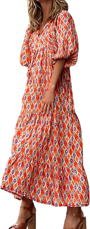 ZWRXW Womens Summer Boho Dresses Casual Loose Bohemian Floral Dress Short Sleeve Long Maxi Dress Flowy Swing Beach Dresses