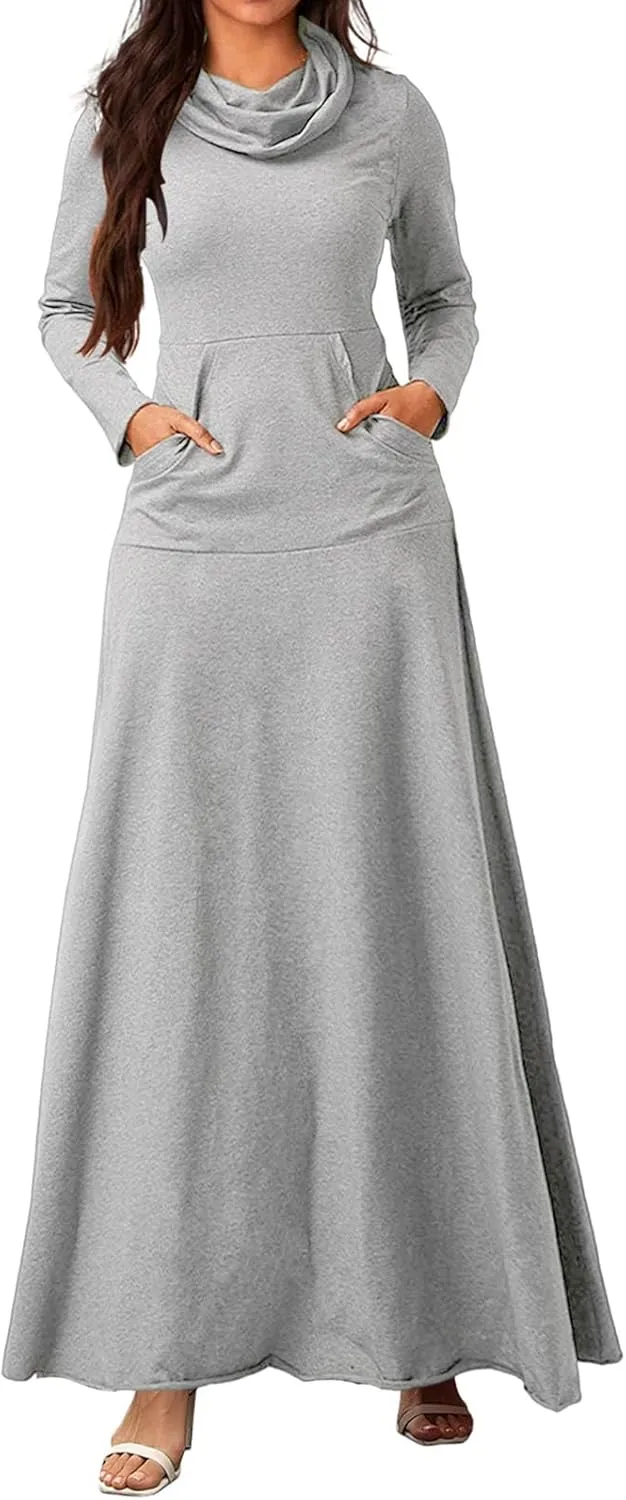 ZWRXW Womens Turtleneck Maxi Dress Casual Long Sleeve Fall Winter Elegant Solid Plus Size Swing Long Dresses with Pocket