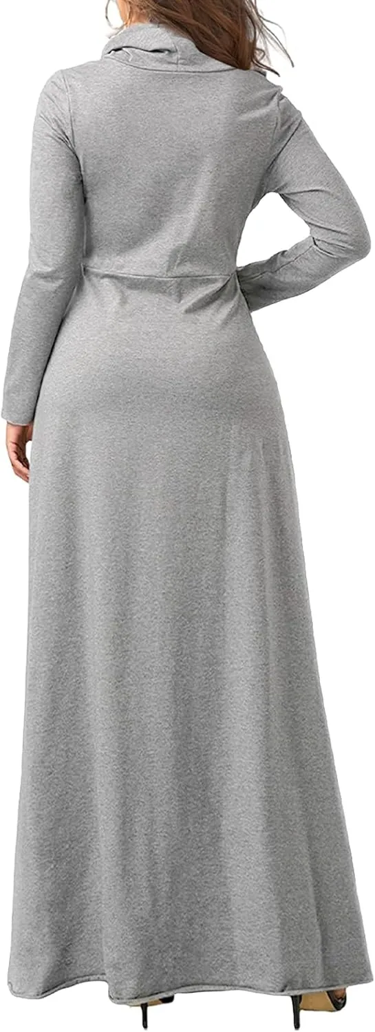 ZWRXW Womens Turtleneck Maxi Dress Casual Long Sleeve Fall Winter Elegant Solid Plus Size Swing Long Dresses with Pocket